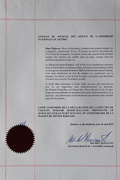 Certificat d'honneur de l'assemblée nationale du Québec